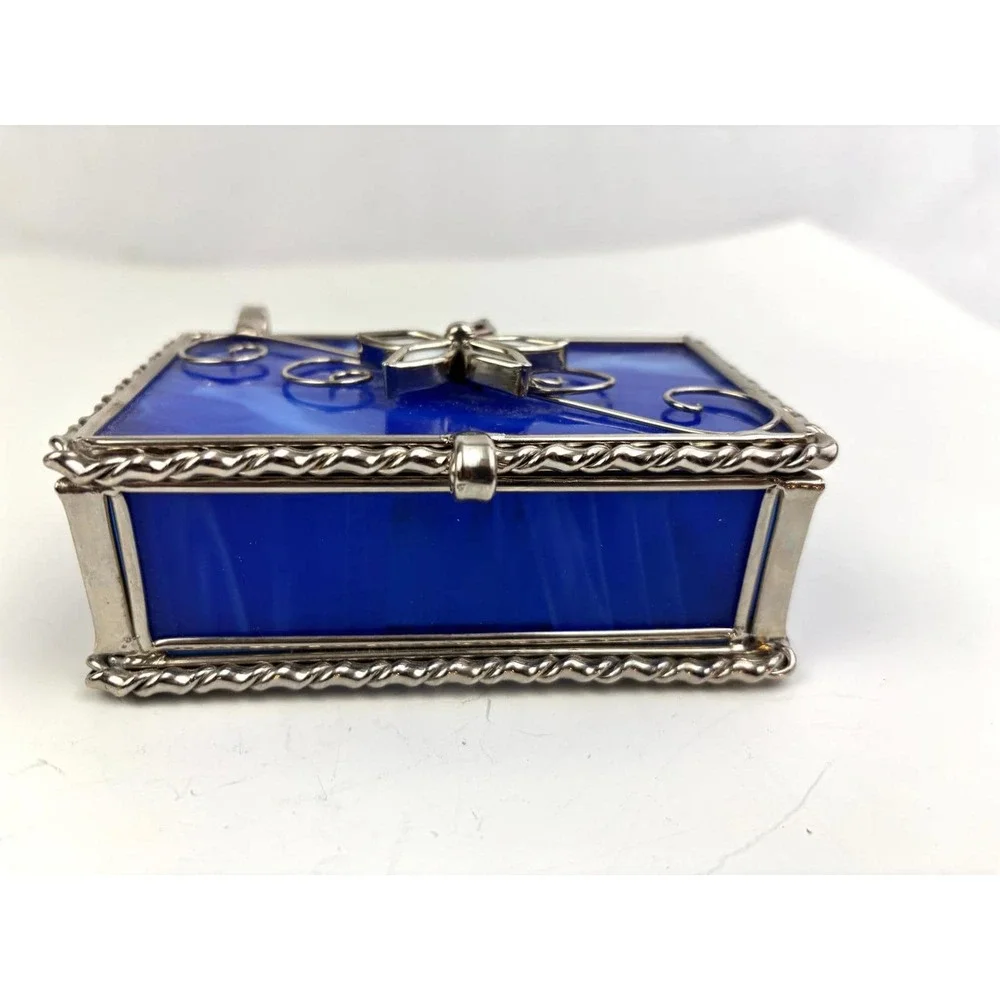 Vintage Blue Slag Glass Jewelry Trinket Box Silver Tone‎ Hinged Lid
